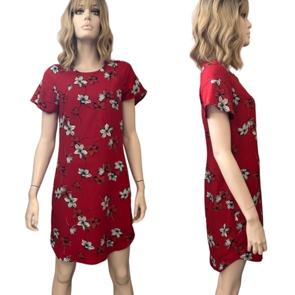 Banana Republic Shift Dress Red Hibiscus Print Fluted Sleeve Rounded Hemline - Picture 1 of 14